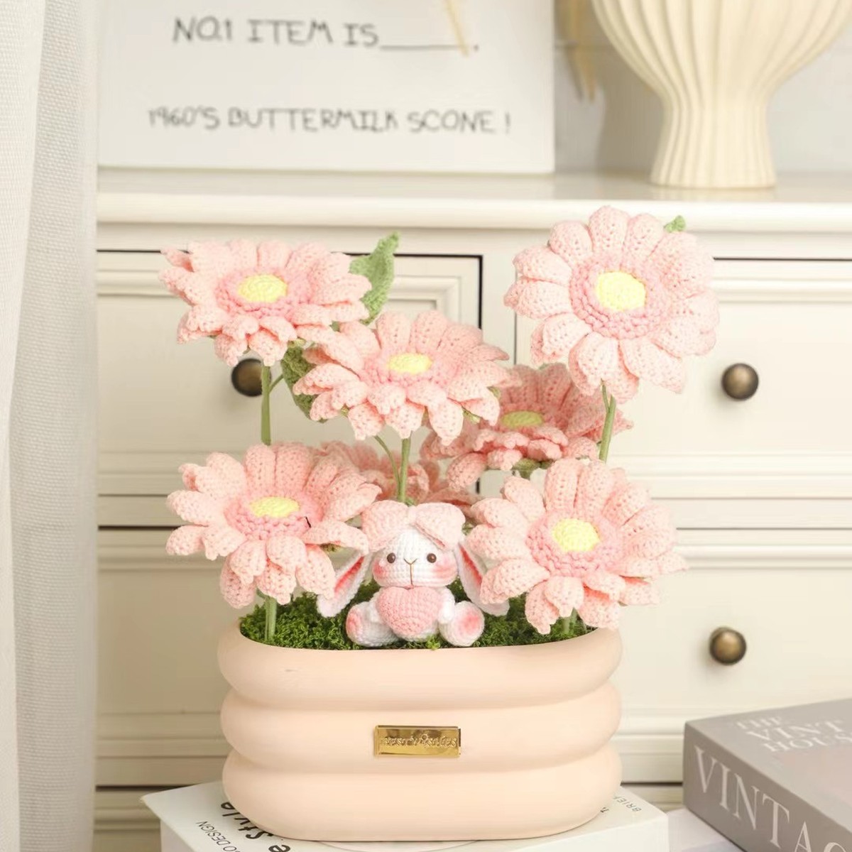 Daisy Bunny Crochet Flower Basket centered in a clean lifestyle product photograph