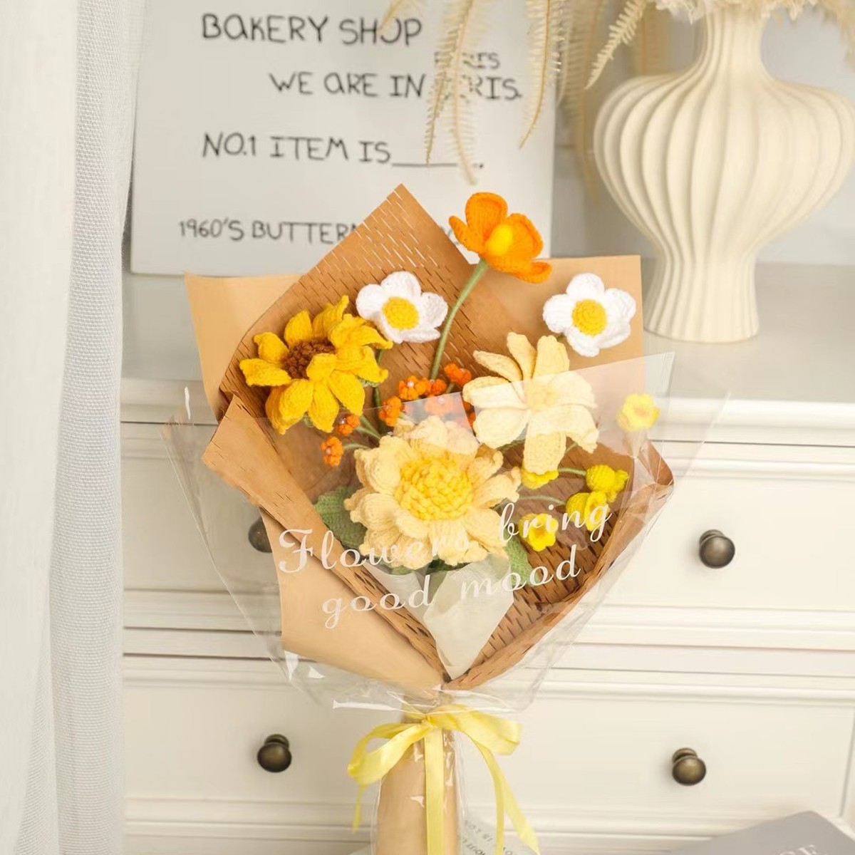 Golden Daisy Mini Crochet Bouquet centered in a clean lifestyle product photograph