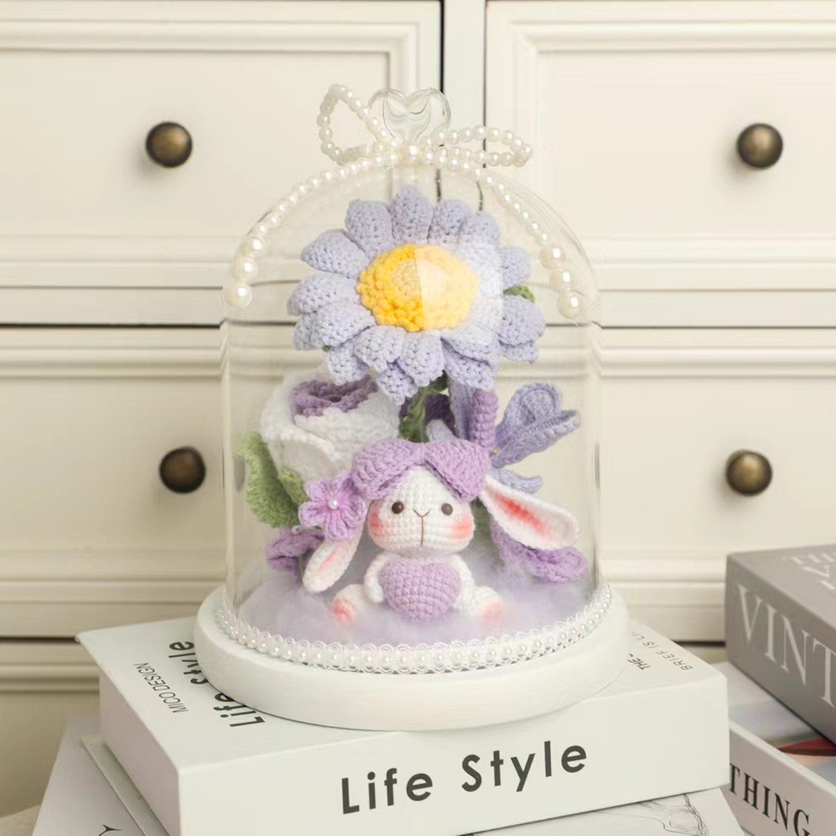 Lavender Bunny Crochet Flower Dome centered in a clean lifestyle product photograph