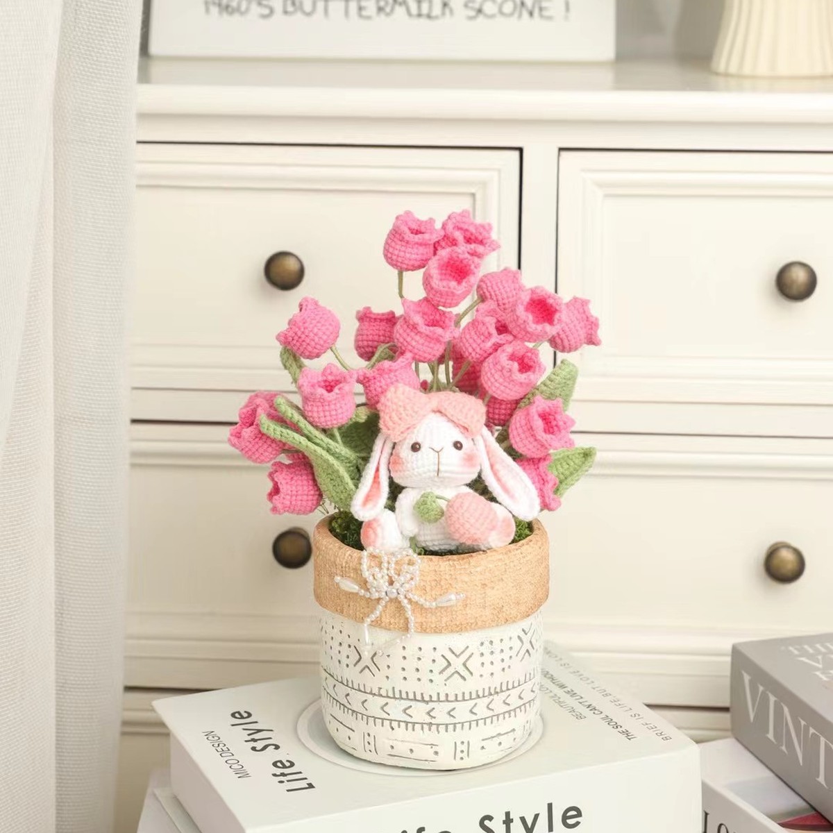 Pink Bunny Crochet Flower Basket centered in a clean lifestyle product photograph