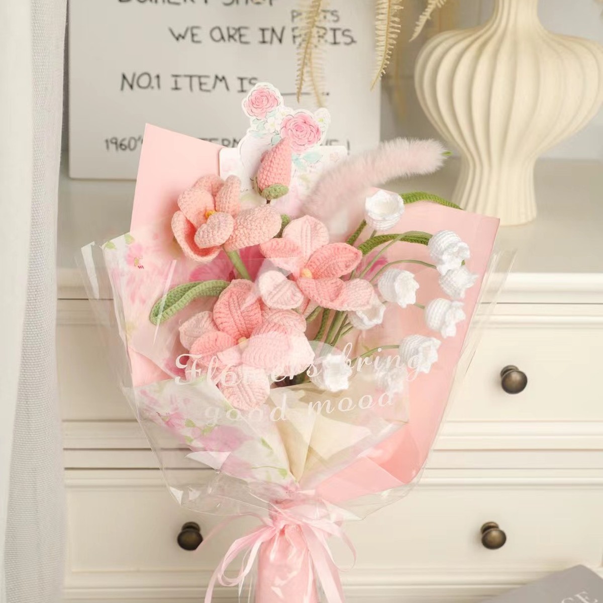 Pink Bunny Mini Crochet Bouquet centered in a clean lifestyle product photograph