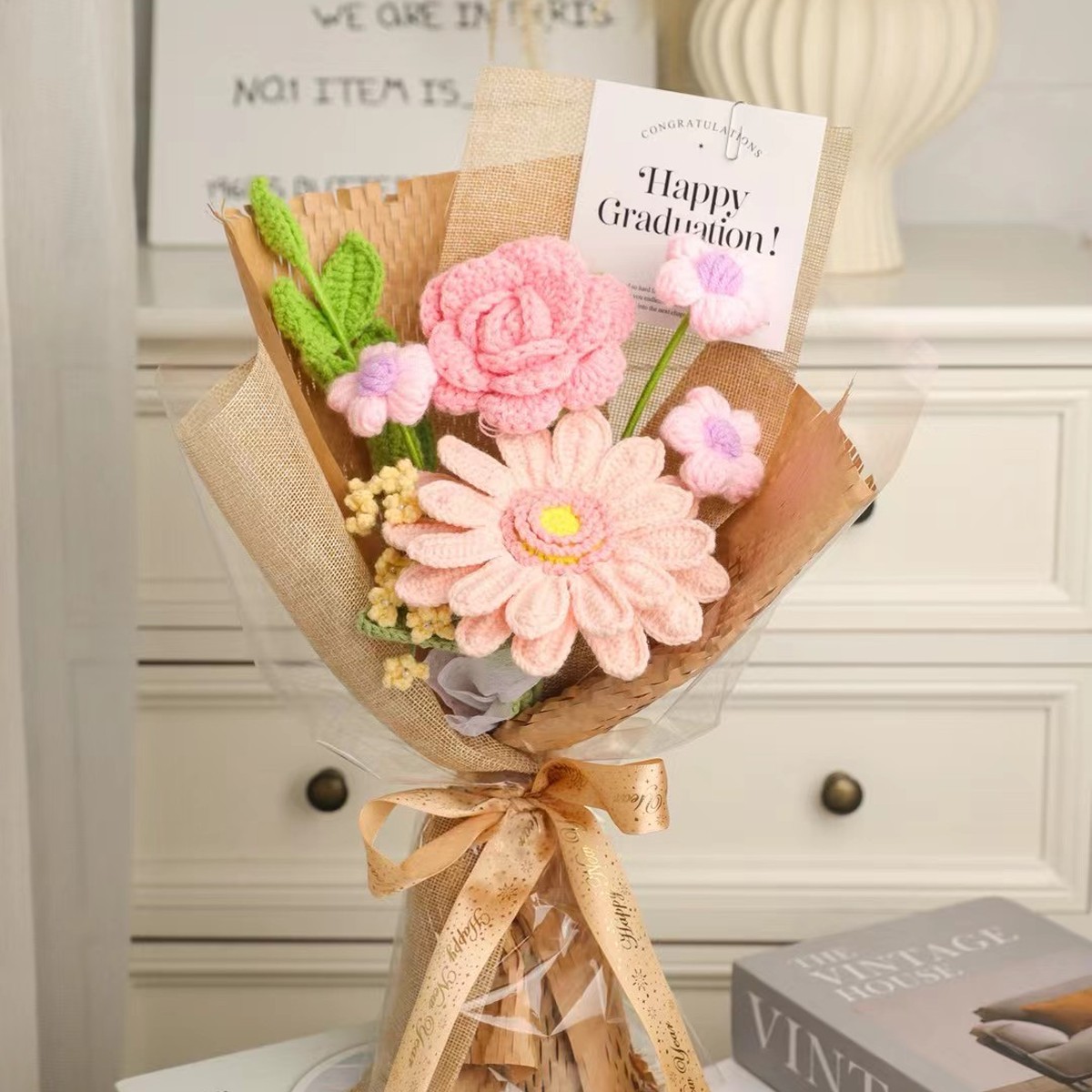 Pink Daisy Mini Crochet Bouquet centered in a clean lifestyle product photograph
