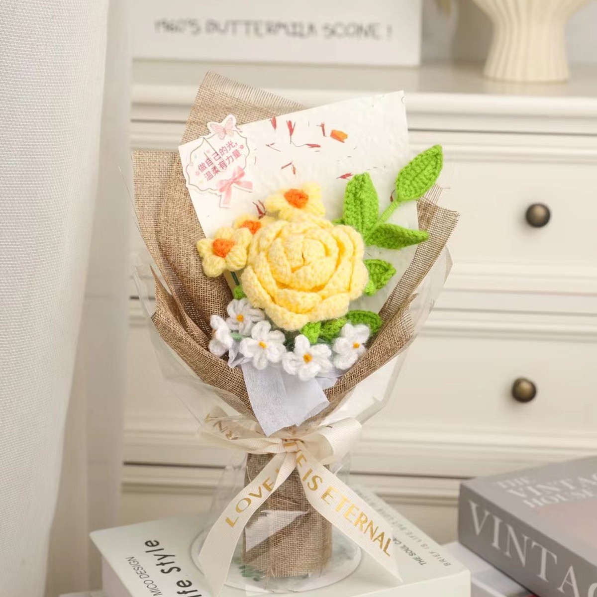 Yellow Rose Mini Crochet Bouquet centered in a clean lifestyle product photograph