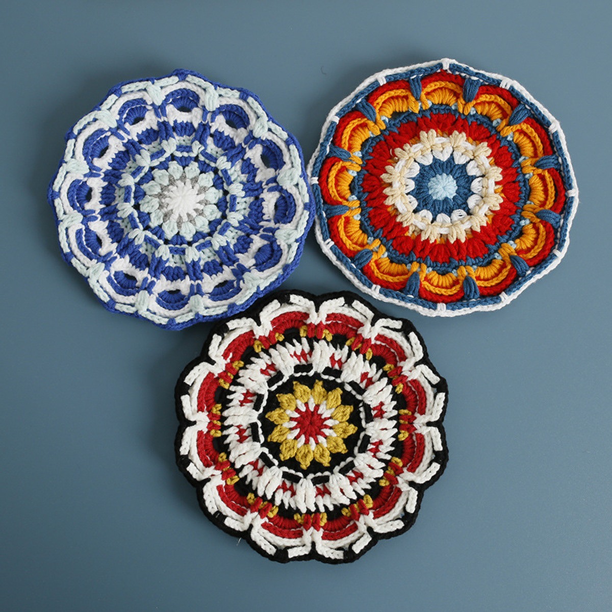 Bold Mandala Crochet Coaster Set centered on a clean product background