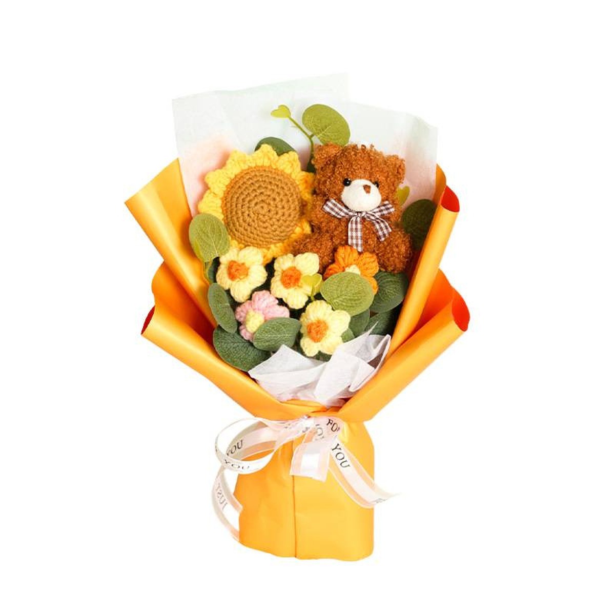 Citrus Sunshine Crochet Bouquet centered on a clean product background