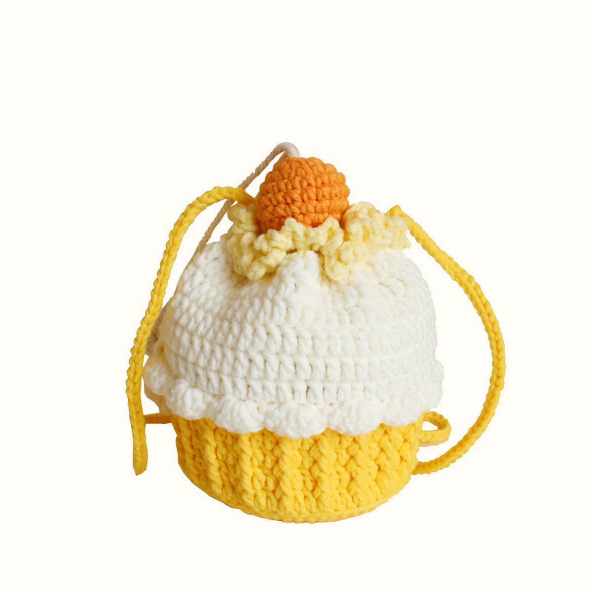 Cupcake Crochet Drawstring Bag centered on a clean product background