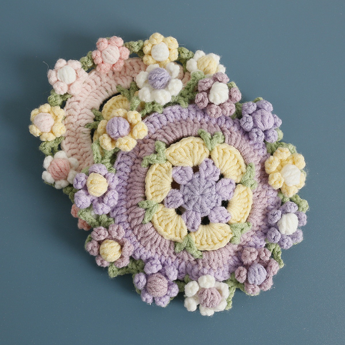 Lavender Flower Crochet Coaster Set centered on a clean product background