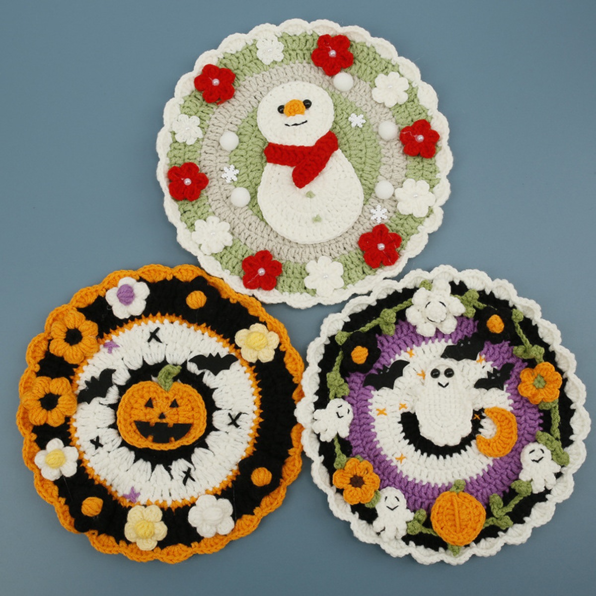 Playful Face Crochet Coaster Set centered on a clean product background