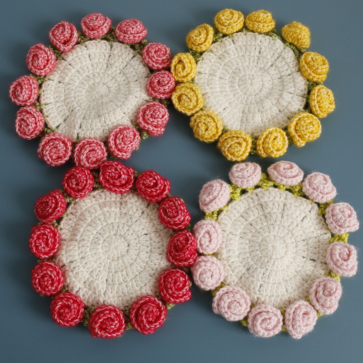 Rose Border Crochet Coaster Set centered on a clean product background