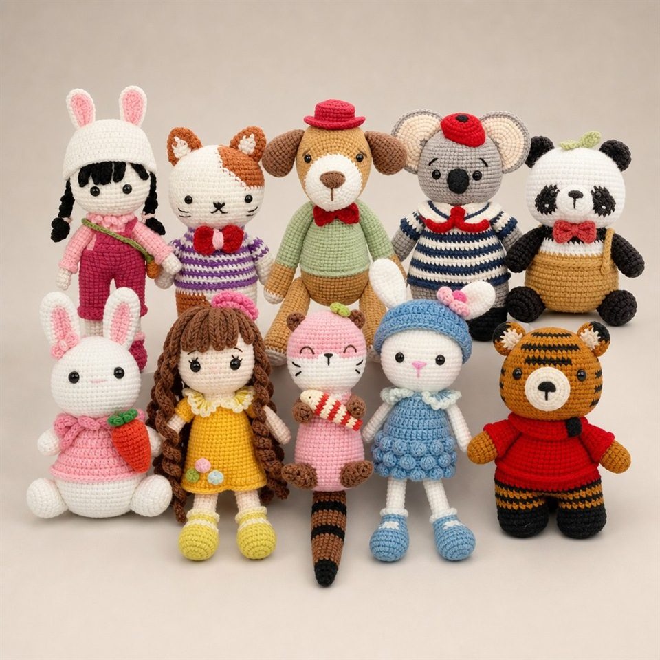 Assorted original crochet animal and people dolls displayed together