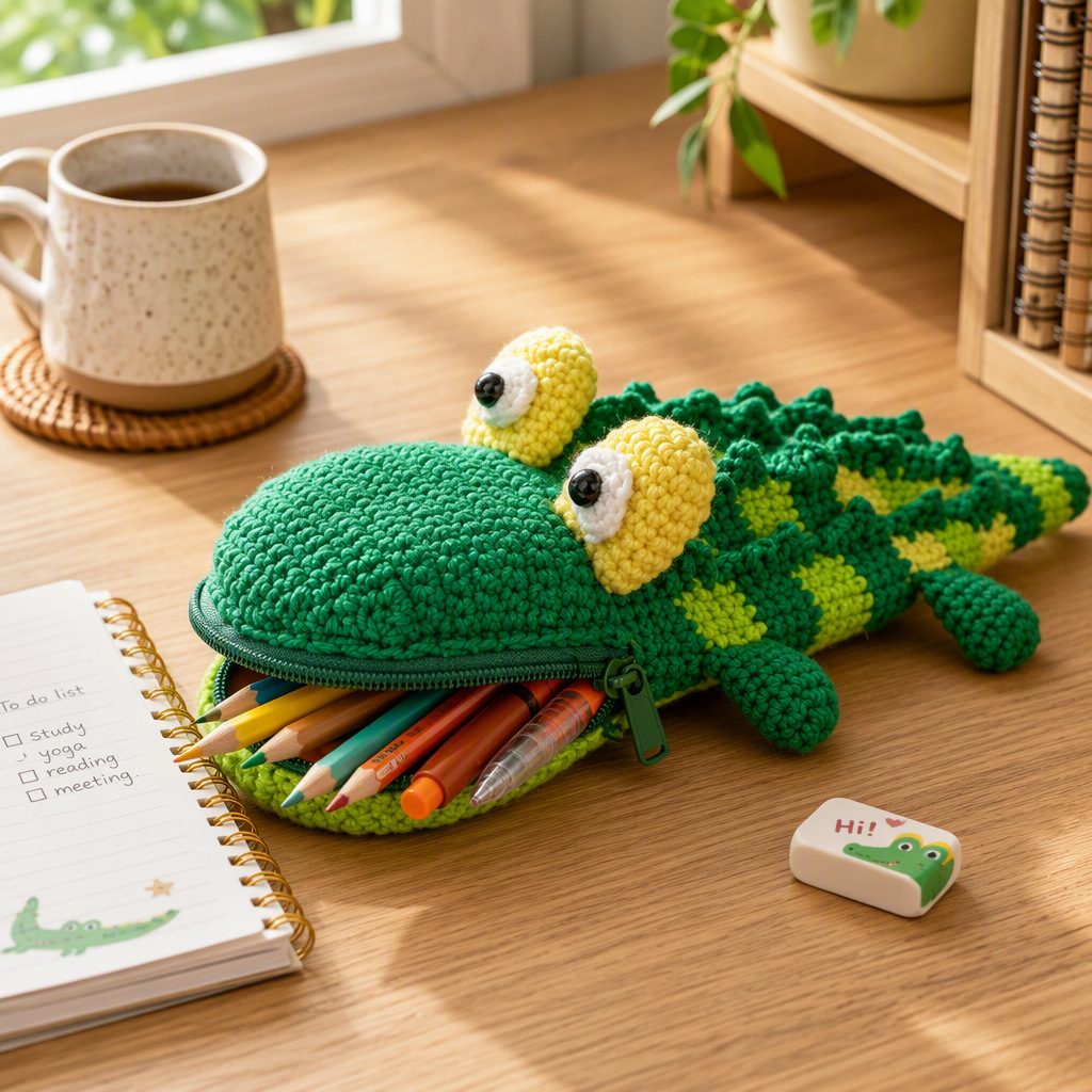Green crocodile crochet pencil case filled with colored pencils
