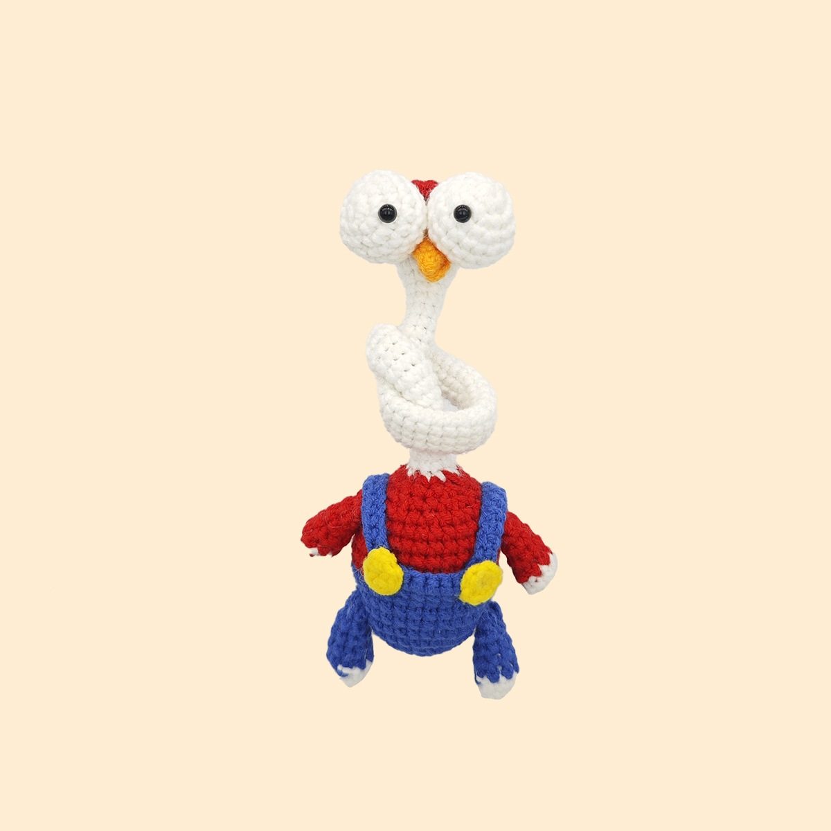 Whimsical long-neck crochet goose bag charm in colorful clothing