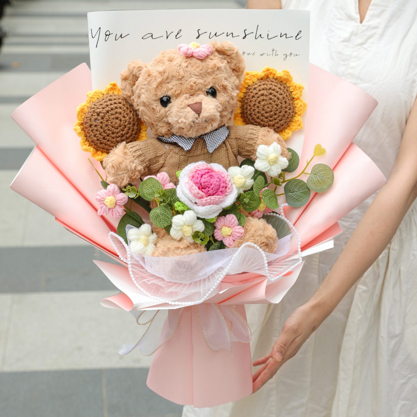 Graduation Bear Crochet Bouquet shown in a clean product photograph