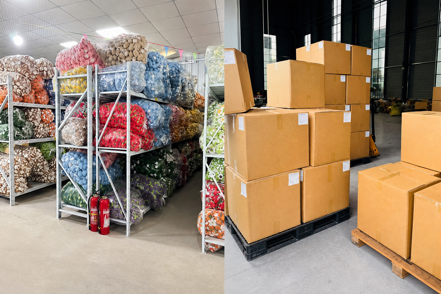 Crochet inventory storage and packed cartons ready for dispatch