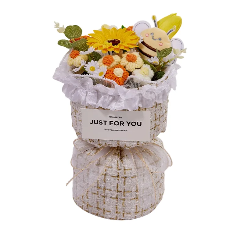 Golden Daisy Mini Crochet Bouquet centered in a clean lifestyle product photograph